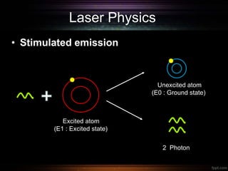 Laser Physics
• Stimulated emission
Unexcited atom
(E0 : Ground state)
2 Photon
Excited atom
(E1 : Excited state)
 
