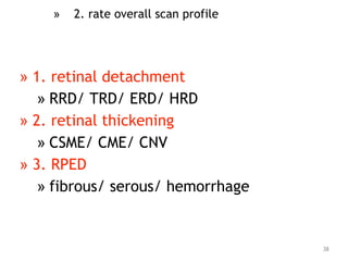 » 1. retinal detachment
» RRD/ TRD/ ERD/ HRD
» 2. retinal thickening
» CSME/ CME/ CNV
» 3. RPED
» fibrous/ serous/ hemorrhage
38
» 2. rate overall scan profile
 