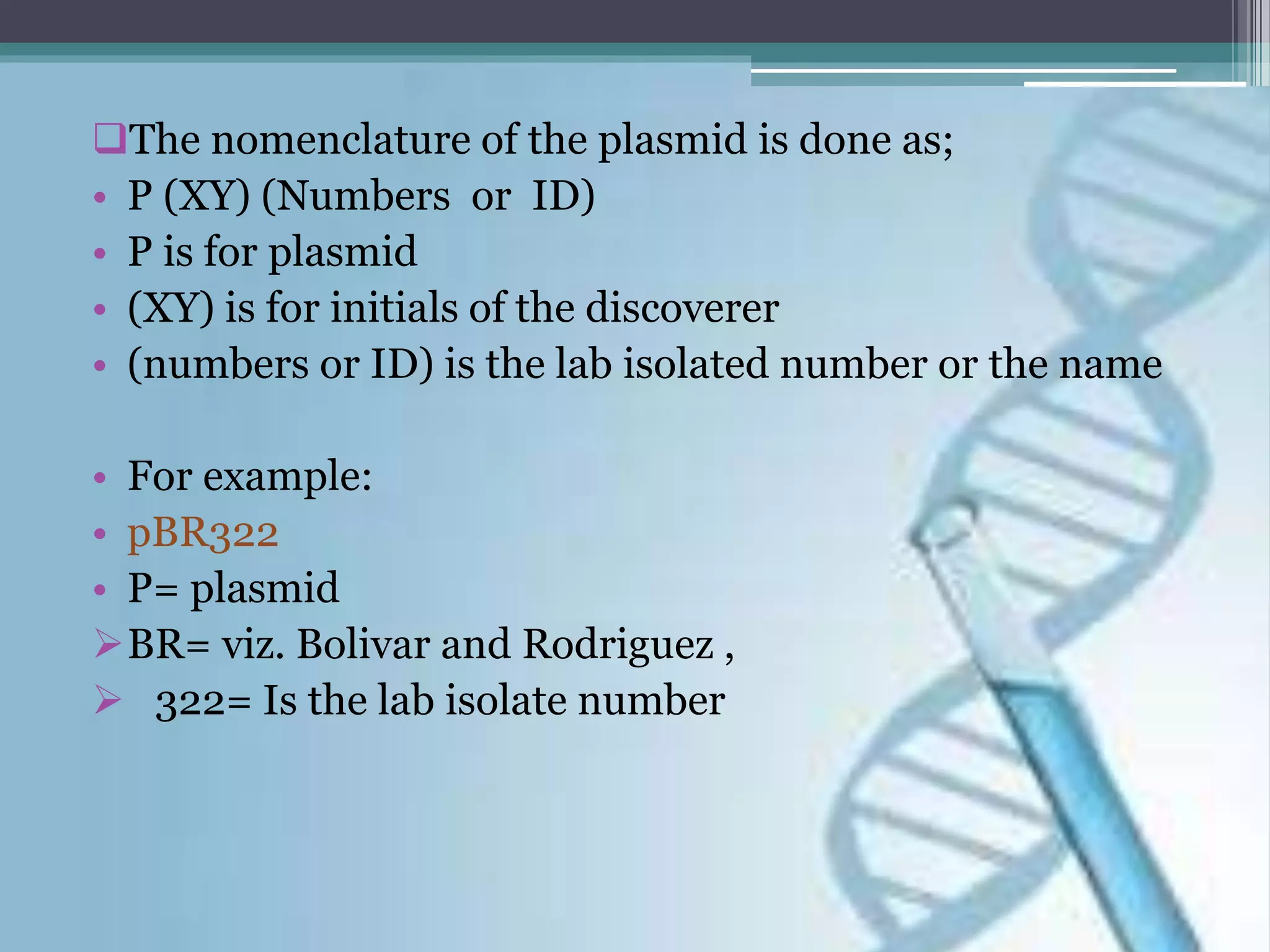 The nomenclature of the plasmid is done as;
• P (XY) (Numbers or ID)
• P is for plasmid
• (XY) is for initials of the discoverer
• (numbers or ID) is the lab isolated number or the name
• For example:
• pBR322
• P= plasmid
BR= viz. Bolivar and Rodriguez ,
 322= Is the lab isolate number
 