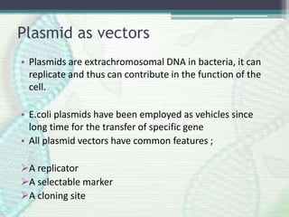 Plasmid as vectors
• Plasmids are extrachromosomal DNA in bacteria, it can
replicate and thus can contribute in the function of the
cell.
• E.coli plasmids have been employed as vehicles since
long time for the transfer of specific gene
• All plasmid vectors have common features ;
A replicator
A selectable marker
A cloning site
 