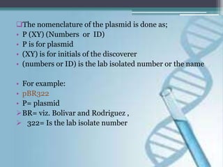 The nomenclature of the plasmid is done as;
• P (XY) (Numbers or ID)
• P is for plasmid
• (XY) is for initials of the discoverer
• (numbers or ID) is the lab isolated number or the name
• For example:
• pBR322
• P= plasmid
BR= viz. Bolivar and Rodriguez ,
 322= Is the lab isolate number
 