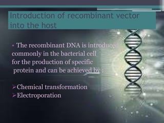 Introduction of recombinant vector
into the host
• The recombinant DNA is introduced
commonly in the bacterial cell
for the production of specific
protein and can be achieved by :
Chemical transformation
Electroporation
 