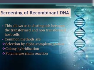 Screening of Recombinant DNA
• This allows us to distinguish between
the transformed and non transformed
host cells
• Common methods are:
Selection by alpha-complementation
Colony hybridisation
Polymerase chain reaction
 