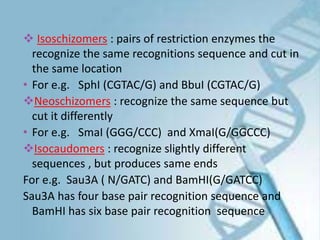  Isoschizomers : pairs of restriction enzymes the
recognize the same recognitions sequence and cut in
the same location
• For e.g. SphI (CGTAC/G) and BbuI (CGTAC/G)
Neoschizomers : recognize the same sequence but
cut it differently
• For e.g. SmaI (GGG/CCC) and XmaI(G/GGCCC)
Isocaudomers : recognize slightly different
sequences , but produces same ends
For e.g. Sau3A ( N/GATC) and BamHI(G/GATCC)
Sau3A has four base pair recognition sequence and
BamHI has six base pair recognition sequence
 