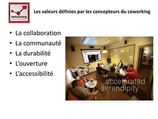 Les valeurs définies par les concepteurs du coworking 
• La collaboration 
• La communauté 
• La durabilité 
• L’ouverture 
• L’accessibilité 
 