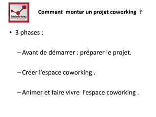 Comment monter un projet coworking ? 
• 3 phases : 
– Avant de démarrer : préparer le projet. 
– Créer l’espace coworking . 
– Animer et faire vivre l’espace coworking . 
 