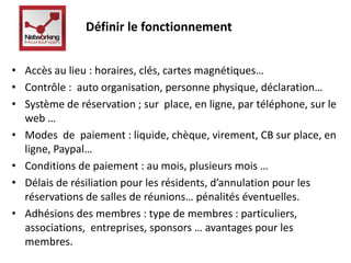 Définir le fonctionnement 
• Accès au lieu : horaires, clés, cartes magnétiques… 
• Contrôle : auto organisation, personne physique, déclaration… 
• Système de réservation ; sur place, en ligne, par téléphone, sur le 
web … 
• Modes de paiement : liquide, chèque, virement, CB sur place, en 
ligne, Paypal… 
• Conditions de paiement : au mois, plusieurs mois … 
• Délais de résiliation pour les résidents, d’annulation pour les 
réservations de salles de réunions… pénalités éventuelles. 
• Adhésions des membres : type de membres : particuliers, 
associations, entreprises, sponsors … avantages pour les 
membres. 
 