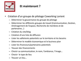 Et maintenant ? 
• Création d’un groupe de pilotage Coworking Lorient 
– Déterminer la gouvernance du groupe de pilotage 
– Déterminer les différents groupes de travail (Communication, Gestion, 
Aménagement de l’espace, Recherche de membres et de 
partenaires…) 
– Création du site/blog 
– Création d’une liste de diffusion 
– Lister les adhérents potentiels sur le territoire et les besoins 
– Déterminer le modèle économique et le business plan 
– Lister les financeurs/partenaires potentiels 
– Trouver des financements 
– Choisir sa communication, le nom, l’ambiance, l’image… 
– Choisir le type de lieu 
– Trouver un lieu… 
– … 
 