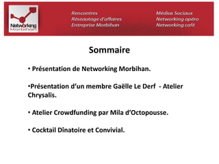 Sommaire 
• Présentation de Networking Morbihan. 
•Présentation d’un membre Gaëlle Le Derf - Atelier 
Chrysalis. 
• Atelier Crowdfunding par Mila d’Octopousse. 
• Cocktail Dînatoire et Convivial. 
 