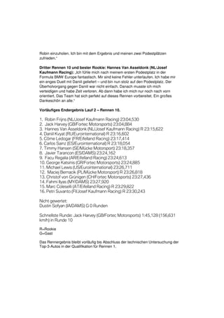 Robin einzuholen. Ich bin mit dem Ergebnis und meinen zwei Podestplätzen
zufrieden.“

Dritter Rennen 10 und bester Rookie: Hannes Van Asseldonk (NL/Josef
Kaufmann Racing): „Ich fühle mich nach meinem ersten Podestplatz in der
Formula BMW Europe fantastisch. Mir sind keine Fehler unterlaufen. Ich habe mir
ein enges Duell mit Daniil geliefert – und bin nun stolz auf den Podestplatz. Der
Überholvorgang gegen Daniil war nicht einfach. Danach musste ich mich
verteidigen und habe Zeit verloren. Ab dann habe ich mich nur noch nach vorn
orientiert. Das Team hat sich perfekt auf dieses Rennen vorbereitet. Ein großes
Dankeschön an alle.“

Vorläufiges Endergebnis Lauf 2 – Rennen 10.

1. Robin Frijns (NL/Josef Kaufmann Racing) 23:04,530
2. Jack Harvey (GB/Fortec Motorsports) 23:04,884
3. Hannes Van Asseldonk (NL/Josef Kaufmann Racing) R 23:15,622
4. Daniil Kvyat (RU/Eurointernational) R 23:16,602
5. Côme Ledogar (FR/Eifelland Racing) 23:17,414
6. Carlos Sainz (ES/Eurointernational) R 23:18,054
7. Timmy Hansen (SE/Mücke Motorsport) 23:18,357
8. Javier Tarancon (ES/DAMS) 23:24,162
9. Facu Regalia (AR/Eifelland Racing) 23:24,613
10. George Katsinis (GR/Fortec Motorsports) 23:24,885
11. Michael Lewis (US/Eurointernational) 23:26,711
12. Maciej Bernacik (PL/Mücke Motorsport) R 23:26,818
13. Christof von Grünigen (CH/Fortec Motorsports) 23:27,436
14. Fahmi Ilyas (MY/DAMS) 23:27,920
15. Marc Coleselli (AT/Eifelland Racing) R 23:29,822
16. Petri Suvanto (FI/Josef Kaufmann Racing) R 23:30,243

Nicht gewertet:
Dustin Sofyan (IA/DAMS) G 0 Runden

Schnellste Runde: Jack Harvey (GB/Fortec Motorsports) 1:45,128 (156,631
km/h) in Runde 10

R=Rookie
G=Gast

Das Rennergebnis bleibt vorläufig bis Abschluss der technischen Untersuchung der
Top-3-Autos in der Qualifikation für Rennen 1.
 