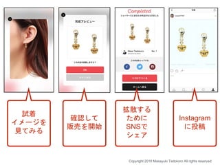 試着
イメージを
見てみる
確認して
販売を開始
拡散する
ために
SNSで
シェア
Instagram
に投稿
Copyright 2018 Masayuki Tadokoro All rights reserved
 