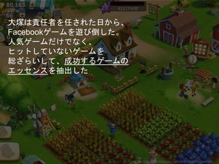 大塚は責任者を任された日から、
Facebookゲームを遊び倒した。
人気ゲームだけでなく、
ヒットしていないゲームを
総ざらいして、成功するゲームの
エッセンスを抽出した
Copyright 2018 Masayuki Tadokoro All rights reserved
 