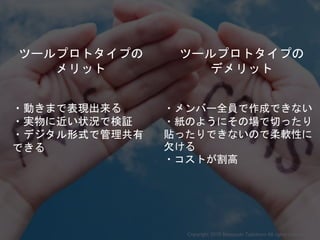 ・動きまで表現出来る
・実物に近い状況で検証
・デジタル形式で管理共有
できる
ツールプロトタイプの
メリット
ツールプロトタイプの
デメリット
・メンバー全員で作成できない
・紙のようにその場で切ったり
貼ったりできないので柔軟性に
欠ける
・コストが割高
Copyright 2018 Masayuki Tadokoro All rights reserved
Startup Science 2018
 