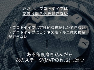 ・プロトタイプは定性的な検証しかできない
・プロトタイプはビジネスモデル全体の検証
ができない
ある程度磨き込んだら
次のステージ(MVPの作成)に進む
ただし、プロトタイプは
あまり磨き込み過ぎない
Copyright 2018 Masayuki Tadokoro All rights reserved
Startup Science 2018
 