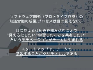 ソフトウェア開発（プロトタイプ作成）の
知識労働の成果/プロセスは目に見えない。
目に見える仕組みを組み込むことで
”見える化したい””学習したことを共有したい”
というモチベージョンがチームに生まれる
スタートアップは、チームで
学習することがクリティカルである
Copyright 2018 Masayuki Tadokoro All rights reserved
 