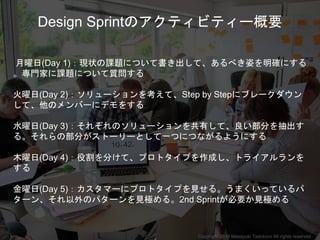 月曜日(Day 1)：現状の課題について書き出して、あるべき姿を明確にする
。専門家に課題について質問する
火曜日(Day 2)：ソリューションを考えて、Step by Stepにブレークダウン
して、他のメンバーにデモをする
水曜日(Day 3)：それぞれのソリューションを共有して、良い部分を抽出す
る。それらの部分がストーリーとして一つにつながるようにする
木曜日(Day 4)：役割を分けて、プロトタイプを作成し、トライアルランを
する
金曜日(Day 5)：カスタマーにプロトタイプを見せる。うまくいっているパ
ターン、それ以外のパターンを見極める。2nd Sprintが必要か見極める
Design Sprintのアクティビティー概要
Copyright 2018 Masayuki Tadokoro All rights reserved
 