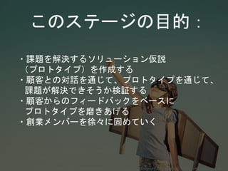 このステージの目的：
・課題を解決するソリューション仮説
（プロトタイプ）を作成する
・顧客との対話を通じて、プロトタイプを通じて、
課題が解決できそうか検証する
・顧客からのフィードバックをベースに
プロトタイプを磨きあげる
・創業メンバーを徐々に固めていく
Copyright 2018 Masayuki Tadokoro All rights reserved
 