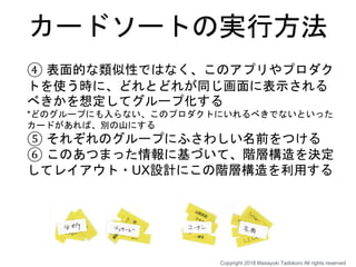 カードソートの実行方法
④ 表面的な類似性ではなく、このアプリやプロダク
トを使う時に、どれとどれが同じ画面に表示される
べきかを想定してグループ化する
*どのグループにも入らない、このプロダクトにいれるべきでないといった
カードがあれば、別の山にする
⑤ それぞれのグループにふさわしい名前をつける
⑥ このあつまった情報に基づいて、階層構造を決定
してレイアウト・UX設計にこの階層構造を利用する
Copyright 2018 Masayuki Tadokoro All rights reserved
 