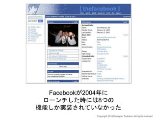 Facebookが2004年に
ローンチした時には8つの
機能しか実装されていなかった
Copyright 2018 Masayuki Tadokoro All rights reserved
 