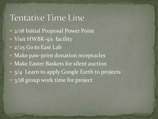 2/18 Initial Proposal Power PointVisit HWBK-9’s  facility2/25 Go to East LabMake paw-print donation receptaclesMake Easter Baskets for silent auction3/4  Learn to apply Google Earth to projects3/18 group work time for projectTentative Time Line
