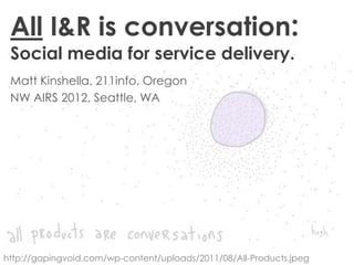 All I&R is conversation:
 Social media for service delivery.
 Matt Kinshella, 211info, Oregon
 NW AIRS 2012, Seattle, WA




http://gapingvoid.com/wp-content/uploads/2011/08/All-Products.jpeg
 