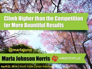 April 22, 2014 | World Trade Center Arkansas
Marla Johnson Norris
@marlajono
Climb Higher than the Competition
for More Bountiful Results
 