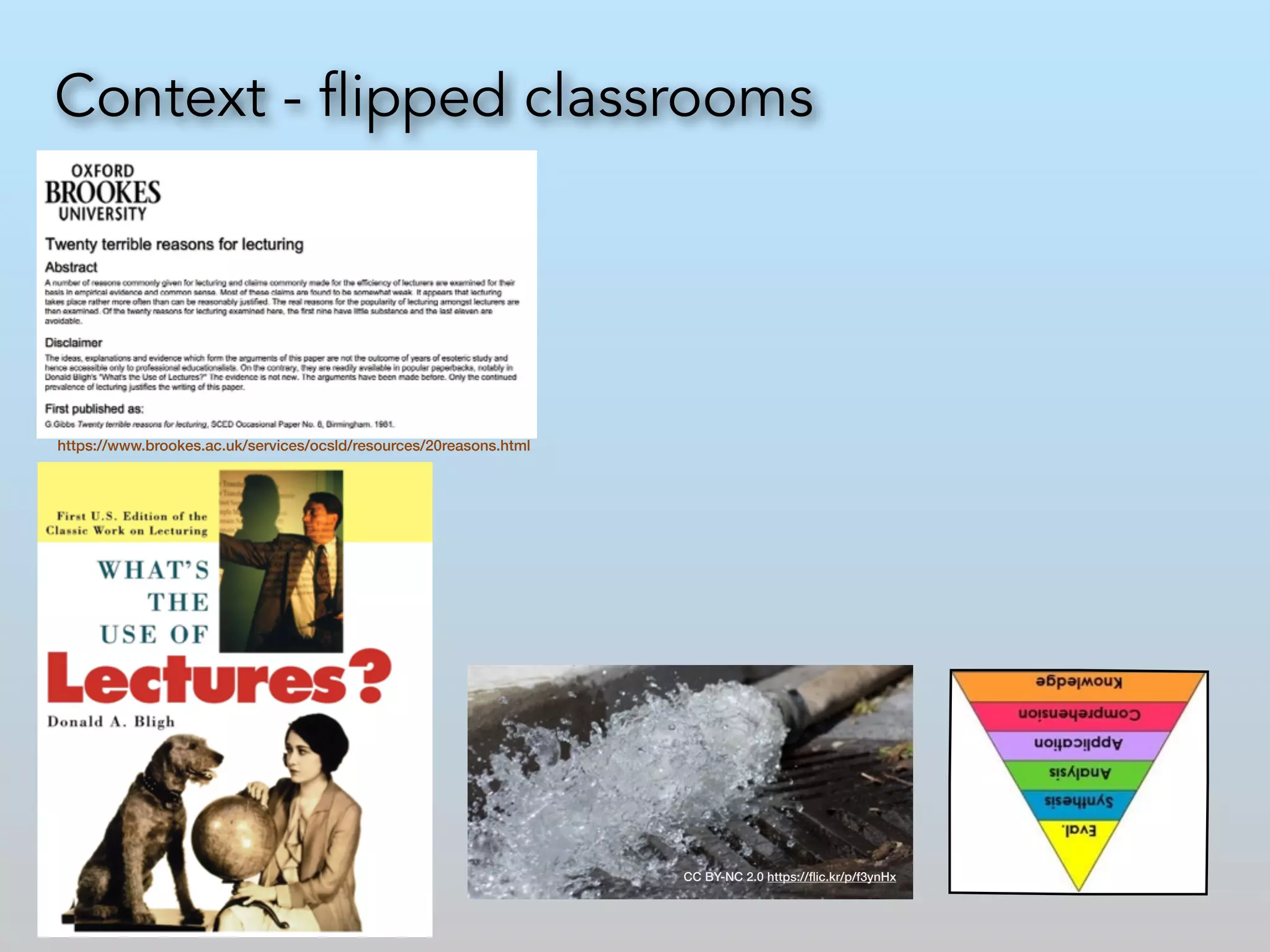 Context - flipped classrooms 
CC BY-NC 2.0 https://flic.kr/p/f3ynHx 
https://www.brookes.ac.uk/services/ocsld/resources/20reasons.html 
 
