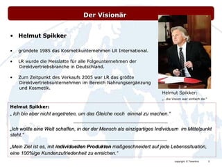 Helmut Spikker gründete 1985 das Kosmetikunternehmen LR International. LR wurde die Messlatte für alle Folgeunternehmen der  Direktvertriebsbranche in Deutschland. Zum Zeitpunkt des Verkaufs 2005 war LR das größte  Direktvertriebsunternehmen im Bereich Nahrungsergänzung  und Kosmetik. Helmut Spikker: „  Ich bin aber nicht angetreten, um das Gleiche noch  einmal zu machen.“   ------------------------------------------------------------------------------------------- „ Ich wollte eine Welt schaffen, in der der Mensch als einzigartiges Individuum  im Mittelpunkt steht.“ ------------------------------------------------------------------------------------------- „ Mein Ziel ist es, mit  individuellen Produkten  maßgeschneidert auf jede Lebenssituation, eine 100%ige Kundenzufriedenheit zu erreichen.“   Helmut Spikker: „… die Vision war einfach da.“ Der Visionär 