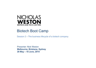 Biotech Boot Camp
Session 2 – The business lifecycle of a biotech company
Presenter: Nick Weston
Melbourne, Brisbane, Sydney
28 May – 18 June, 2014
 