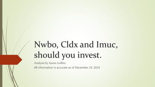 Nwbo, Cldx and Imuc,
should you invest.
Analysis by Aaron Golbin
All information is accurate as of December 24, 2014
 