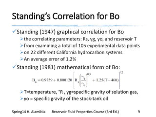 Standing’s Correlation for Bo
Standing (1947) graphical correlation for Bo
the correlating parameters: Rs, γg, γo, and reservoir T
from examining a total of 105 experimental data points
on 22 different California hydrocarbon systems
An average error of 1.2%
Standing (1981) mathematical form of Bo:
T=temperature, °R , γg=specific gravity of solution gas,
γo = specific gravity of the stock-tank oil
Spring14 H. AlamiNia Reservoir Fluid Properties Course (3rd Ed.) 9
 