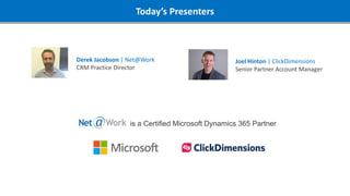 Today’s Presenters
Derek Jacobson | Net@Work
CRM Practice Director
is a Certified Microsoft Dynamics 365 Partner
Joel Hinton | ClickDimensions
Senior Partner Account Manager
 