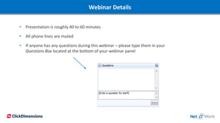 Webinar Details
• Presentation is roughly 40 to 60 minutes
• All phone lines are muted
• If anyone has any questions during this webinar – please type them in your
Questions Box located at the bottom of your webinar panel
 