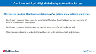 Our Focus and Topic- Digital Marketing Automation Success
After several hundred CRM Implementations, we’ve noticed a few patterns and trends:
• Nearly every customer has a vision for using Digital Marketing Tools that Leverage core elements of
CRM to drive business development
• Nearly every customer has leveraged (or tried to) some form of email marketing tool
• Most have come back to us and asked for guidance on better solutions, tools and strategies
 