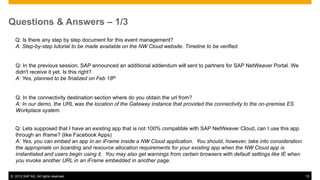 Questions & Answers – 1/3
  Q: Is there any step by step document for this event management?
  A: Step-by-step tutorial to be made available on the NW Cloud website. Timeline to be verified.


   Q: In the previous session, SAP announced an additional addendum will sent to partners for SAP NetWeaver Portal. We
   didn't receive it yet. Is this right?
   A: Yes, planned to be finalized on Feb 18th


   Q: In the connectivity destination section where do you obtain the url from?
   A: In our demo, the URL was the location of the Gateway instance that provided the connectivity to the on-premise ES
   Workplace system.


  Q: Lets supposed that I have an existing app that is not 100% compatible with SAP NetWeaver Cloud, can I use this app
  through an iframe? (like Facebook Apps)
  A: Yes, you can embed an app in an iFrame inside a NW Cloud application. You should, however, take into consideration
  the appropriate on boarding and resource allocation requirements for your existing app when the NW Cloud app is
  instantiated and users begin using it. You may also get warnings from certain browsers with default settings like IE when
  you invoke another URL in an iFrame embedded in another page.

© 2012 SAP AG. All rights reserved.                                                                                           15
 