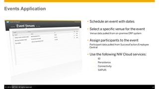 Events Application

                                       Schedule an event with dates

                                       Select a specific venue for the event
                                          Venue data pulled from on-premise ERP system


                                       Assign participants to the event
                                      –   Participant data pulled from SuccessFactors Employee
                                          Central


                                       Use the following NW Cloud services:
                                              –   ID
                                              –   Persistence
                                              –   Connectivity
                                              –   SAPUI5




© 2012 SAP AG. All rights reserved.                                                              4
 