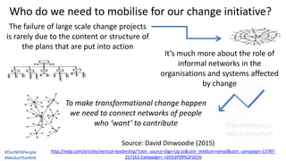 Who do we need to mobilise for our change initiative?
The failure of large scale change projects
is rarely due to the content or structure of
the plans that are put into action
To make transformational change happen
we need to connect networks of people
who ‘want’ to contribute
http://iedp.com/articles/vertical-leadership/?utm_source=Sign-Up.to&utm_medium=email&utm_campaign=13787-
257163-Campaign+-+01%2F09%2F2016
Source: David Dinwoodie (2015)
It’s much more about the role of
informal networks in the
organisations and systems affected
by change
#OurNHSPeople
#WeAreTheNHS
#OurNHSPeople
#WeAreTheNHS
 