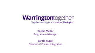 Rachel Mellor
Programme Manager
Carole Hugall
Director of Clinical Integration
 