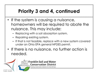 Priority 3 and 4, continued If the system is causing a nuisance, homeowners will be required to abate the nuisance. This may include: Replacing with a soil absorption system. Repairing existing system. If that is not feasible, replace with a new system covered under an Ohio EPA general NPDES permit. If there is no nuisance, no further action is needed. 