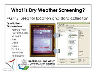 What is Dry Weather Screening? G.P.S. used for location and data collection Qualitative Observations: Feature type Flow condition Material Size Odors Colors Turbidity Floatables Pool quality 