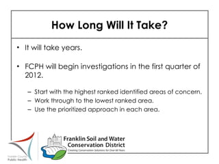 How Long Will It Take? It will take years. FCPH will begin investigations in the first quarter of 2012. Start with the highest ranked identified areas of concern. Work through to the lowest ranked area. Use the prioritized approach in each area. 