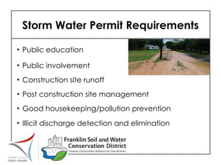 Public education Public involvement Construction site runoff Post construction site management Good housekeeping/pollution prevention Illicit discharge detection and elimination Storm Water Permit Requirements 