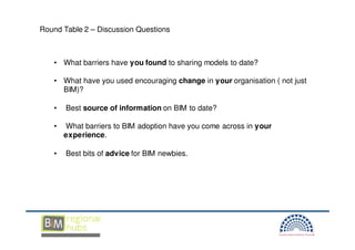 Round Table 2 – Discussion Questions



   • What barriers have you found to sharing models to date?

   • What have you used encouraging change in your organisation ( not just
     BIM)?

   •   Best source of information on BIM to date?

   •   What barriers to BIM adoption have you come across in your
       experience.

   •   Best bits of advice for BIM newbies.
 