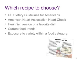 Which recipe to choose?
• US Dietary Guidelines for Americans
• American Heart Association Heart Check
• Healthier version of a favorite dish
• Current food trends
• Exposure to variety within a food category
19
19
 