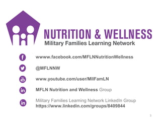 wwww.facebook.com/MFLNNutritionWellness
@MFLNNW
www.youtube.com/user/MIlFamLN
MFLN Nutrition and Wellness Group
3
Military Families Learning Network LinkedIn Group
https://www.linkedin.com/groups/8409844
 