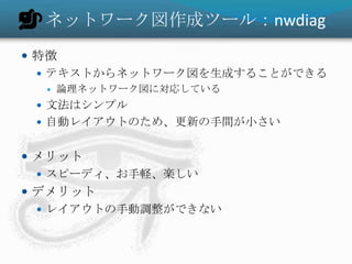nwdiagの書き方(1)network キーワードでネットワークを定義します{    network {        address = “192.168.0.0/24”;    }}
