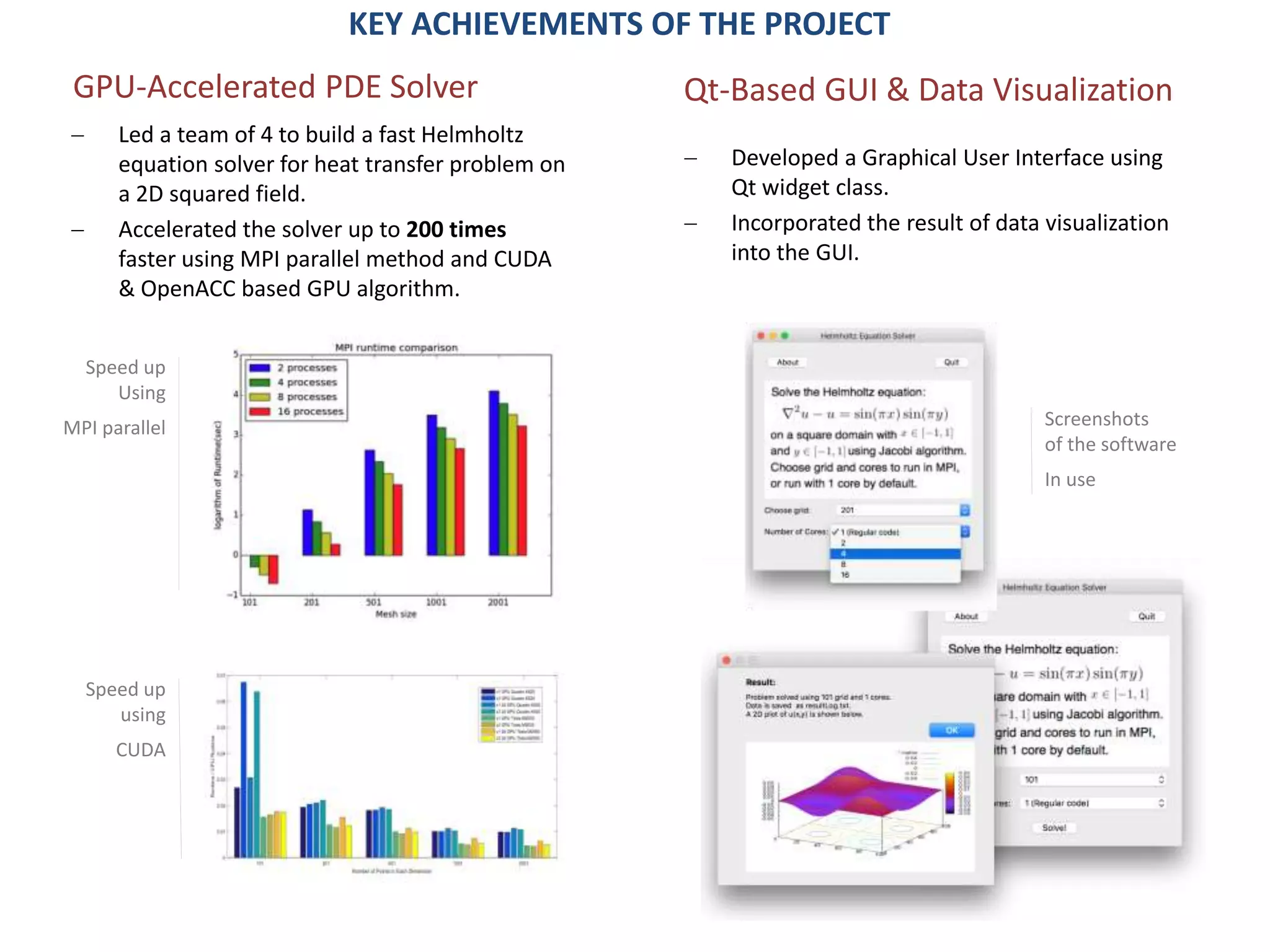 2
 Led a team of 4 to build a fast Helmholtz
equation solver for heat transfer problem on
a 2D squared field.
 Accelerated the solver up to 200 times
faster using MPI parallel method and CUDA
& OpenACC based GPU algorithm.
GPU-Accelerated PDE Solver Qt-Based GUI & Data Visualization
Speed up
using
CUDA
Speed up
Using
MPI parallel
 Developed a Graphical User Interface using
Qt widget class.
 Incorporated the result of data visualization
into the GUI.
Screenshots
of the software
In use
KEY ACHIEVEMENTS OF THE PROJECT
 