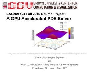 ENGN2912J Fall 2016 Course Project:
A GPU Accelerated PDE Solver
Xiaohe Liu as Project Engineer
and
Xiuqi Li, Shihong Li & Yixiang Deng as Software Engineers
Providence, RI · Nov. – Dec. 2017
--Data visualization of the temperature field on a 2D squared field solved using our solver.
 