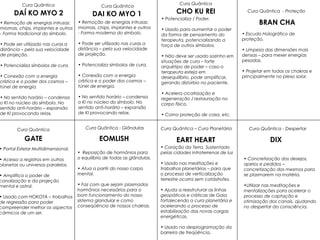 BRAN CHA
CHO KU REIDAI KO MYO 1
DIXEART HEARTEOMLISH
DAÍ KO MYO 2
GATE
Cura Quântica
• Potencializa / Poder.
• Usado para aumentar o poder
da forma de pensamento do
terapeuta, potencializando a
força de outros símbolos.
• Não deve ser usado sozinho em
situações de cura – forte
arquétipo de poder – caso o
terapeuta esteja em
desequilíbrio, pode amplificar,
gerando distúrbio no paciente.
• Acelera cicatrização e
regeneração / restauração no
corpo físico.
• Como proteção de casa, etc.
Cura Quântica
• Remoção de energias intrusas:
miomas, chips, implantes e outros
- Forma moderna do símbolo.
• Pode ser utilizado nas curas a
distância – pela sua velocidade
de projeção.
• Potencializa símbolos de cura.
• Conexão com a energia
crística e o poder dos cosmos –
túnel de energia.
• No sentido horário – condensa
o KI no núcleo do símbolo. No
sentido anti-horário – expansão
de KI provocando relax.
Cura Quântica
• Remoção de energias intrusas:
miomas, chips, implantes e outros
- Forma tradicional do símbolo.
• Pode ser utilizado nas curas a
distância – pela sua velocidade
de projeção.
• Potencializa símbolos de cura.
• Conexão com a energia
crística e o poder dos cosmos –
túnel de energia.
• No sentido horário – condensa
o KI no núcleo do símbolo. No
sentido anti-horário – expansão
de KI provocando relax.
• Portal Estelar Multidimensional.
• Acesso a registros em outros
planetas ou universos paralelos.
• Amplifica o poder de
canalização e da projeção
mental e astral.
• Usado com HOKOTÁ – trabalhos
de regressão para poder
compreender melhor os aspectos
cármicos de um ser.
Cura Quântica Cura Quântica - Despertar
• Concretização dos desejos,
apelos e pedidos –
concretização dos mesmos para
se plasmarem na matéria.
•Utilizar nas meditações e
mentalizações para acelerar o
processo de captação e
otimização dos canais, ajudando
no despertar da consciência.
Cura Quântica - Glândulas
• Reposição de hormônios para
o equilíbrio de todas as glândulas.
• Atua a partir do nosso corpo
mental.
• Faz com que sejam plasmados
hormônios necessários para o
bom funcionamento do nosso
sistema glandular e como
conseqüência de nossos chakras.
Cura Quântica – Cura Planetária
• Coração da Terra. Sustentado
pelas cidades intraterrenas de luz
• Usado nas meditações e
trabalhos planetários – para que
o processo de verticalização
terrestre ocorra sem catástrofes.
• Ajuda a reestruturar as linhas
geopáticas e crísticas de Gaia
fortalecendo a cura planetária e
acelerando o processo de
estabilização das novas cargas
energéticas.
• Usado na desprogramação da
barreira de freqüência.
Cura Quântica - Proteção
• Escudo Holográfico de
proteção.
• Limpeza das dimensões mais
densas – para mexer energias
pesadas.
• Projetar em todos os chakras e
principalmente no plexo solar.
 