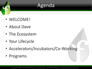 Agenda

• WELCOME!
• About Dave
• The Ecosystem
• Your Lifecycle
• Accelerators/Incubators/Co-Working
• Programs
 